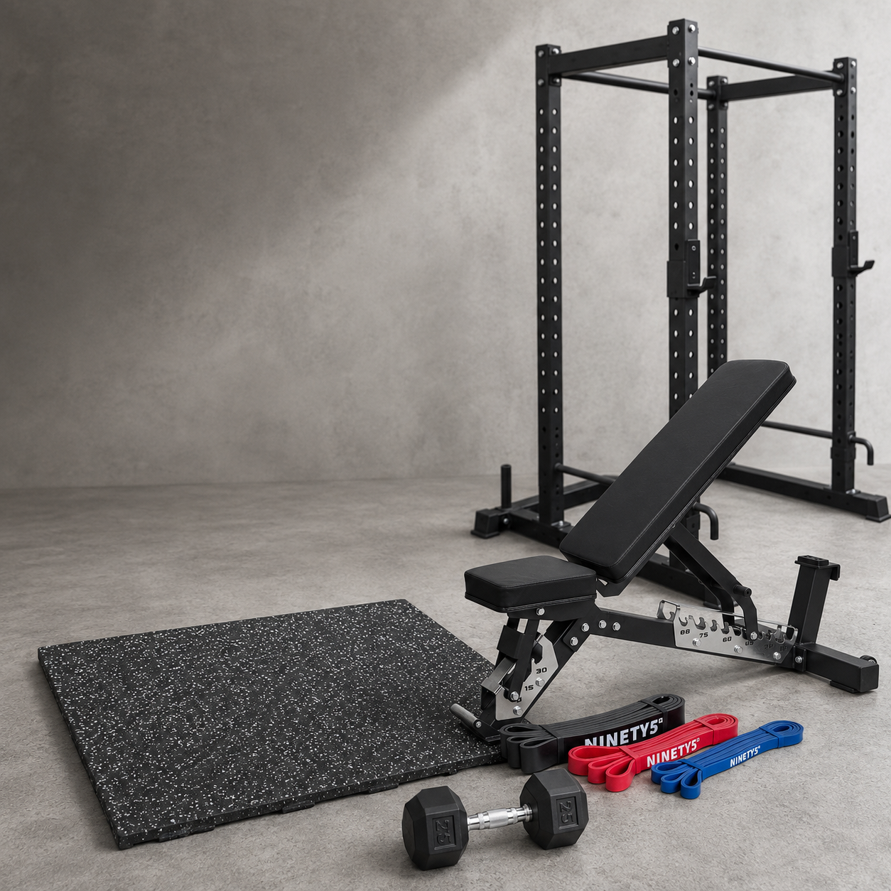 Home-Gym-Ecke mit verstellbarer Kurzhantel, Ständer, Hantelbank und Gummiboden