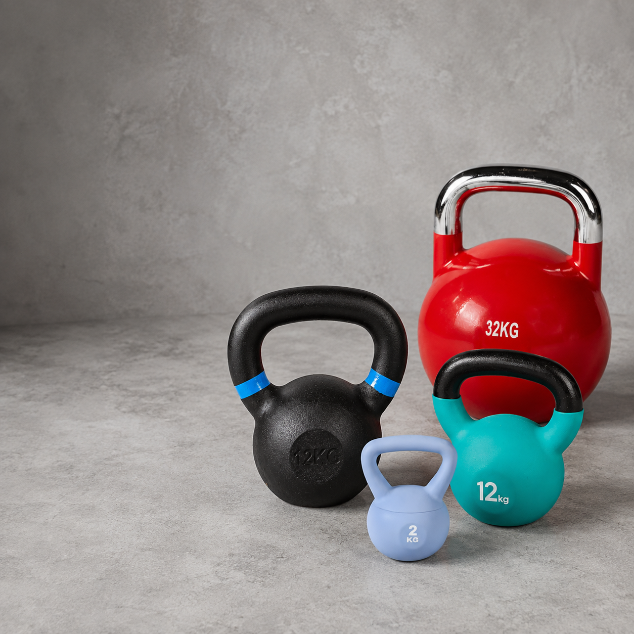 Kettlebells in verschiedenen Gewichten, mit Gummimantel und aus Guss