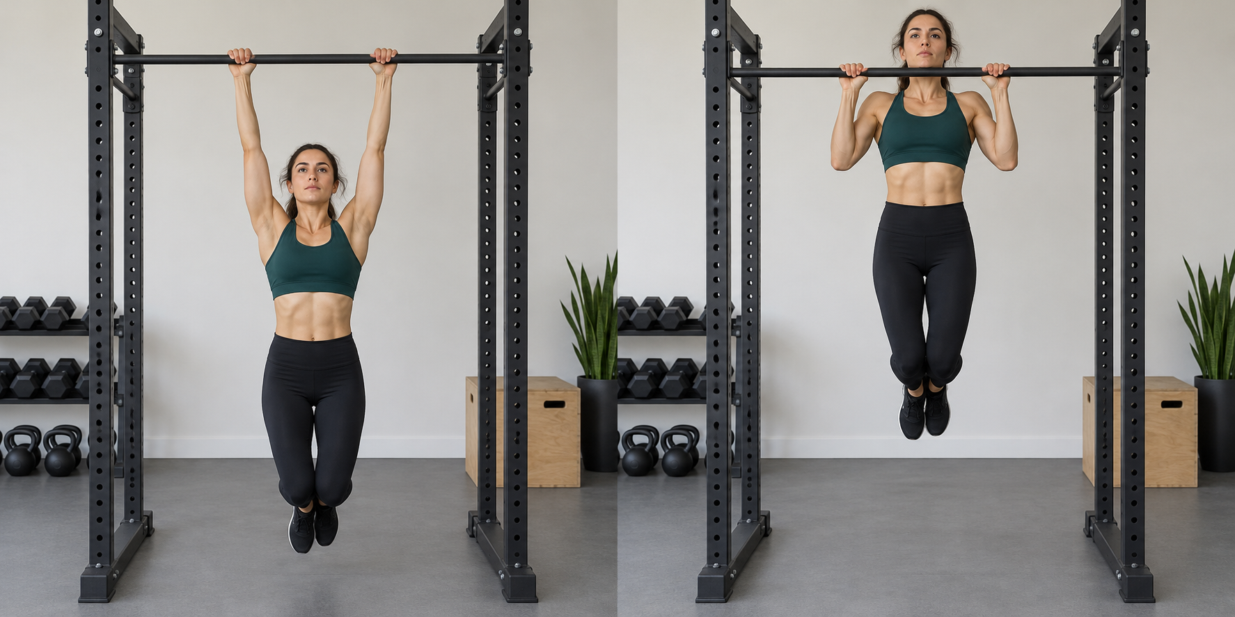 Overhand pull-up: bottom and top positions at a bar